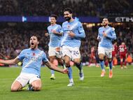 Nico González celebra su gol en el Manchester City vs. Liverpool FOTO: Carl Recine/Getty Images