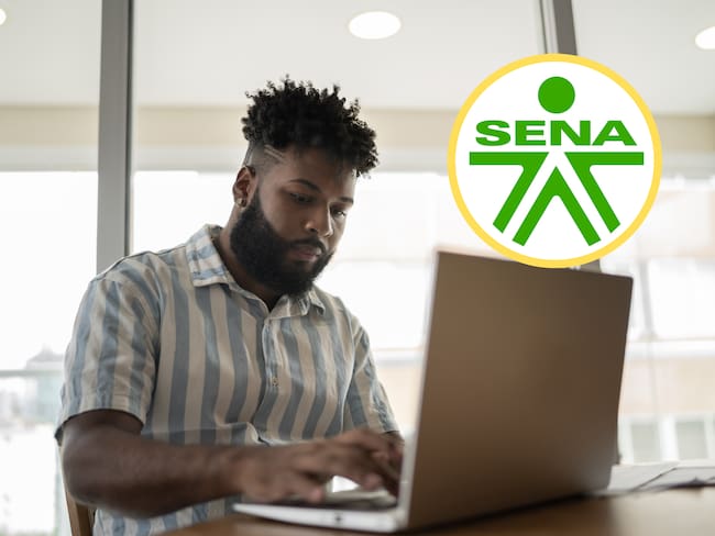 Hombre usando un computador. En el círculo, logo del SENA (GettyImages / Redes sociales)