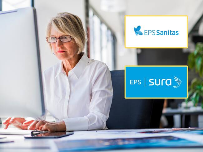 Mujer usando computador y encima los logos de las EPS Sanitas y Sura (GettyImages / Redes sociales)