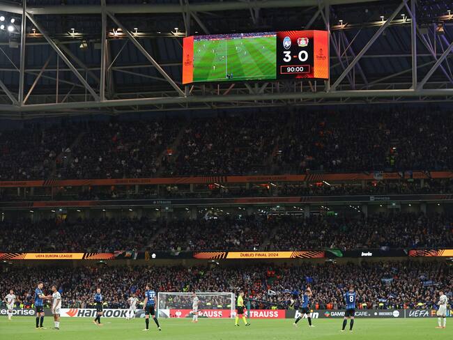 Dublin (Ireland), 22/05/2024.- A general view over the stadium with the scoreboard during the UEFA Europa League Final soccer match of Atalanta BC against Bayer 04 Leverkusen, in Dublin, Ireland, 22 May 2024. (Irlanda) EFE/EPA/ADAM VAUGHAN
