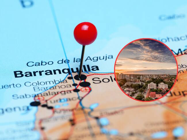 Un punto señalando la ciudad de Barranquilla y al lado un paisaje de la zona urbana de esta ciudad (Fotos vía Getty Images)