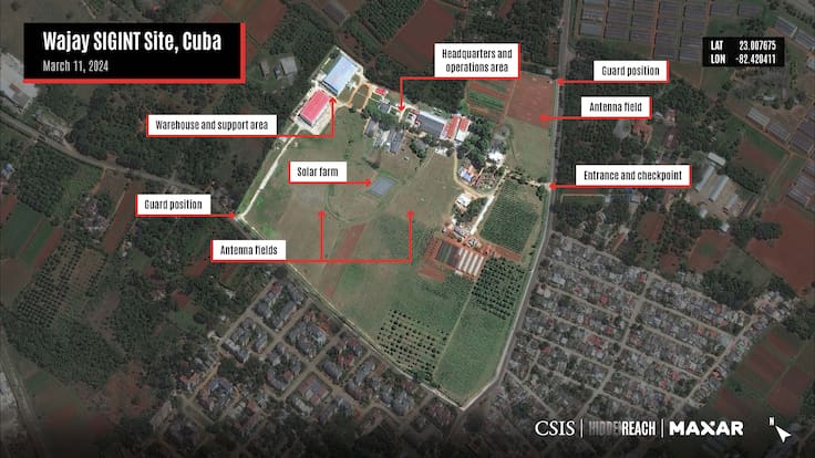 USA6070. WASHINGTON (DC, EEUU), 02/07/2024.- Captura de un documento del Centro de Estudios Estratégicos e Internacionales (CSIS) donde se muestra una imagen satelital de unas instalaciones de espionaje electrónico en una parte del barrio de Wajay de la capital La Habana en Cuba. Nuevas imágenes de satélite muestran la expansión de supuestas bases de espionaje en Cuba que presuntamente estarían vinculadas a China, según un informe del Centro de Estudios Estratégicos e Internacionales (CSIS), un laboratorio de ideas estadounidense con sede en Washington. EFE/ CSIS/HIDDEN REACH/MAXAR /SOLO USO EDITORIAL /NO VENTAS /SOLO DISPONIBLE PARA ILUSTRAR LA NOTICIA QUE ACOMPAÑA /CRÉDITO OBLIGATORIO A CSIS/HIDDEN REACH/MAXAR