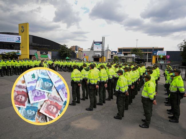 Uniformados de la Policía Nacional de Colombia. En el círculo, billetes colombianos (GettyImages)