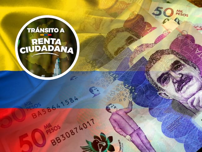 Dinero colombiano. En el círculo, logo de Renta Ciudadana (GettyImages / Redes sociales)