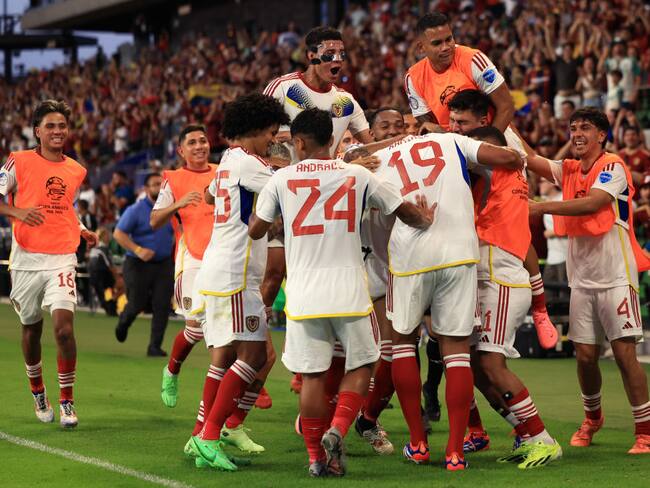 Eric Ramirez of Venezuela celebrates with teammates after scoring a goal in the second half during the CONMEBOL Copa America 2024 Group B match between Jamaica and Venezuela at Q2 Stadium on June 30, 2024 in Austin, Texas. (Photo by Buda Mendes/Getty Images)
