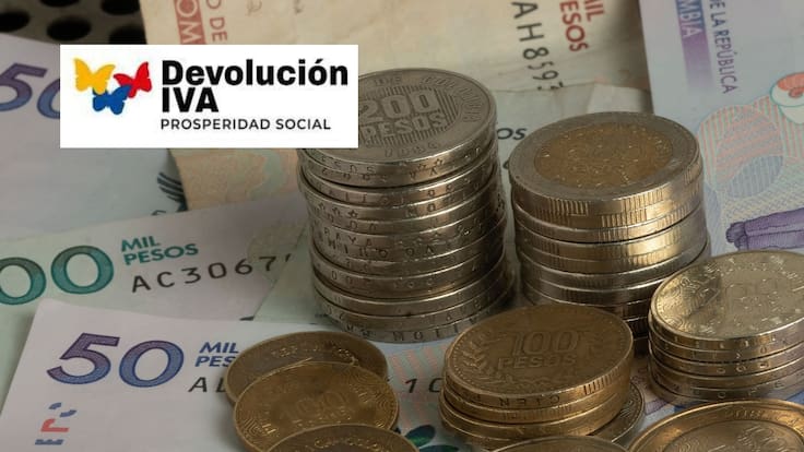 Billetes y monedas colombianas. Encima el logo de Devolución del IVA / Fotos: GettyImages y redes sociales