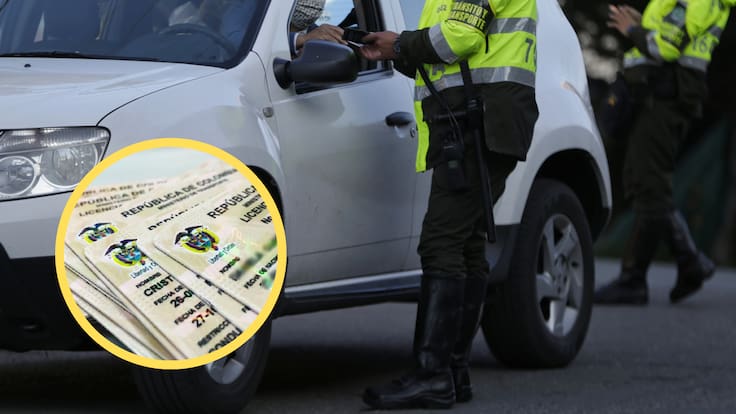 Policía de tránsito revisando los papeles de un vehículo. En el círculo, licencias de conducción (Colprensa)