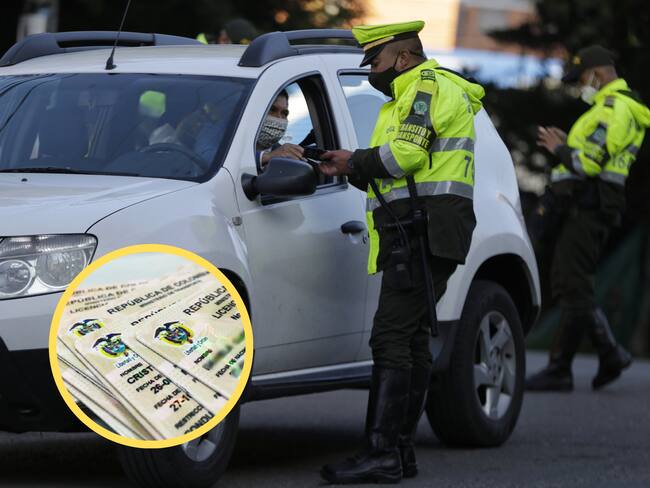 Policía de tránsito revisando los papeles de un vehículo. En el círculo, licencias de conducción (Colprensa)